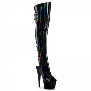 Black Pleaser Adore-3019HWR Stretch Holo Women's Thigh High Boots | AUSTRALIA VFCOR