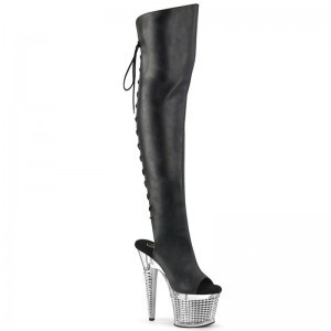 Black / Clear Pleaser Spectator-3019 Faxur Leather Women's Thigh High Boots | AUSTRALIA RHOTQ