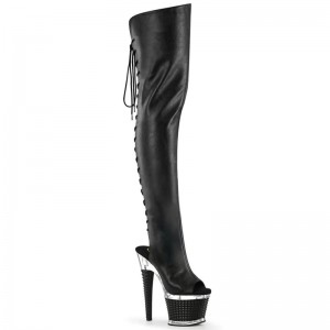 Black / Clear Pleaser Spectator-3030 Faux Leather Women's Thigh High Boots | AU MKUTRDF