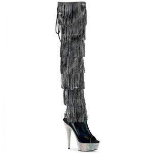 Black / Silver Pleaser Bejeweled-3017HG-RSF-6 Women's Thigh High Boots | AU JKWOHUY