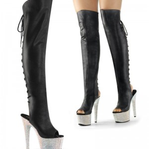 Black / Silver Pleaser Bejeweled-3019DM-7 Vegan Leather Women's Thigh High Boots | AU NJXPAYO