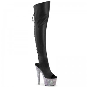 Black / Silver Pleaser Bejeweled-3019MS-7 Faux Leather Women's Thigh High Boots | AUSTRALIA XOLRK