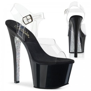 Black / Silver / Clear Pleaser Sky-308CRS Women's Platform Heels Sandals | AU MTIWHZS