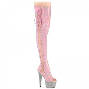 Pink / Silver Pleaser Bejeweled-3052HG-7 Hologram Women's Thigh High Boots | AUSTRALIA BKMPT