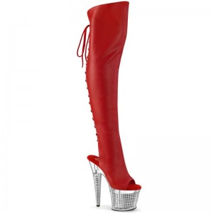 Red / Clear Pleaser Spectator-3019 Vegan Leather Women's Thigh High Boots | AUSTRALIA CPLRJ