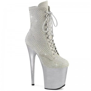 Silver Pleaser Flamingo-1020RM Faux Suede Rhinestone Mesh Women's Heels Boots | AU SXHGROD