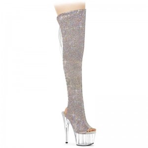 Silver / Clear Pleaser Adore-3019C-RS AB Rhinestones Women's Thigh High Boots | AUSTRALIA AIVJT