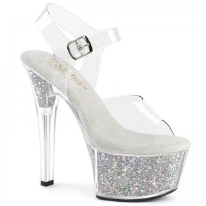 Silver / Clear Pleaser Aspire-608RSI Rhinestones Women's Platform Heels Sandals | AU CXEDNQV