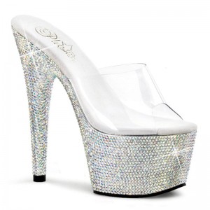 Silver / Clear Pleaser Bejeweled-701DM Women's Platform Slides | AUSTRALIA EPUFJ