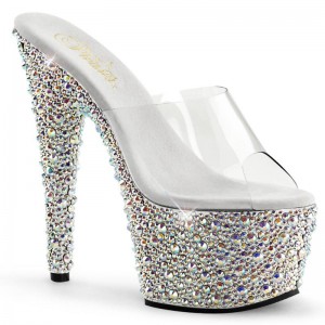 Silver / Clear Pleaser Bejeweled-701MS Women's Platform Slides | AU HAUOSWQ