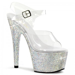 Silver / Clear Pleaser Bejeweled-708DM Women's Platform Heels Sandals | AU TZXMDIP