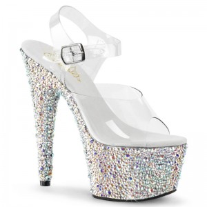 Silver / Clear Pleaser Bejeweled-708MS Women's Platform Heels Sandals | AU YONWLSG