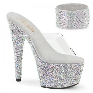 Silver / Clear Pleaser Bejeweled-712MS Rhinestones Women's Platform Slides | AUSTRALIA LPEMF