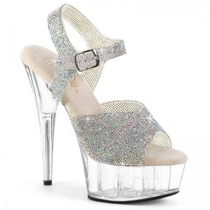 Silver / Clear Pleaser Delight-608N-RS Rhinestones Women's Platform Heels Sandals | AU TJDQCVA