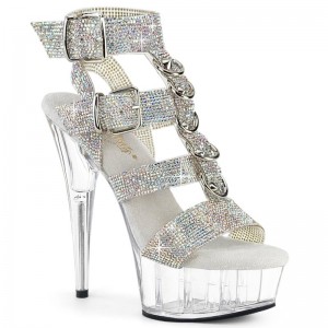 Silver / Clear Pleaser Delight-656RS Rhinestones Women's Platform Heels Sandals | AU FRDYGNI