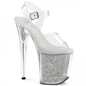 Silver / Clear Pleaser Flamingo-808RSI Rhinestones Women's Platform Heels Sandals | AUSTRALIA BYOJG