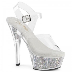 Silver / Clear Pleaser Kiss-208RSI Rhinestones Women's Platform Heels Sandals | AU KTFBCHM