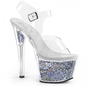 Silver / Clear Pleaser Sky-308GF Women's Platform Heels Sandals | AU OIYJHDX