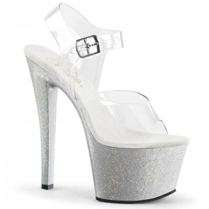 Silver / Clear Pleaser Sky-308MG Women's Platform Heels Sandals | AU BXLMNUC