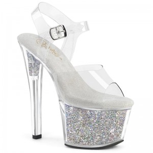 Silver / Clear Pleaser Sky-308RSI Rhinestones Women's Platform Heels Sandals | AU TAGDBIY