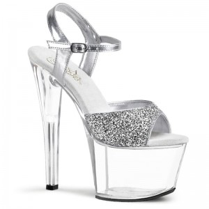 Silver / Clear Pleaser Sky-310 Women's Platform Heels Sandals | AU JTCZQYD