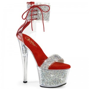 Silver / Red Pleaser Sky-327RSI Women's Platform Heels Sandals | AU DNTQLJG