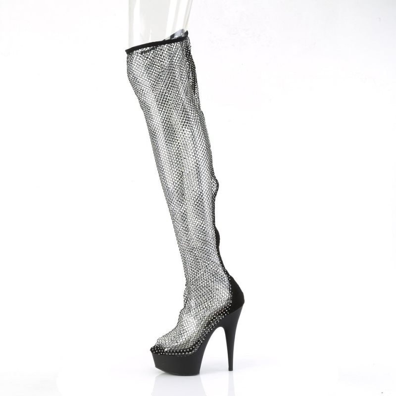 Black Pleaser Delight-3009 Faux Suede-Rhinestone Mesh Women's Thigh High Boots | AU ZIKEQXD