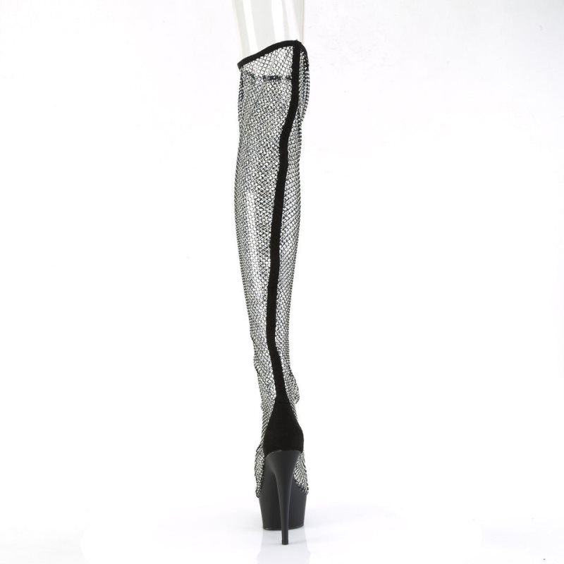 Black Pleaser Delight-3009 Faux Suede-Rhinestone Mesh Women's Thigh High Boots | AU ZIKEQXD