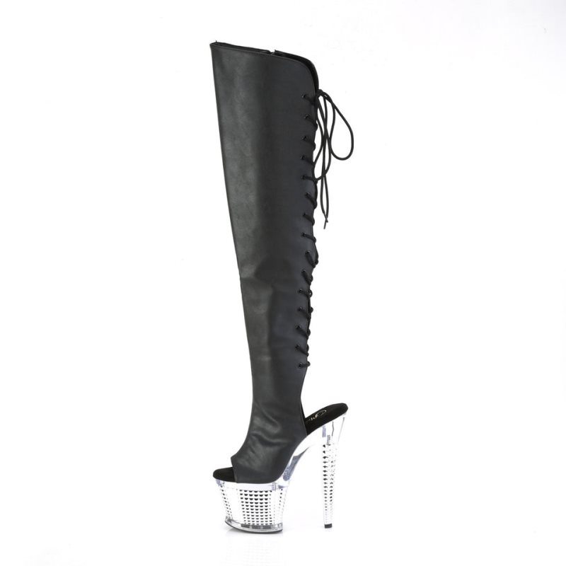 Black / Clear Pleaser Spectator-3019 Faxur Leather Women's Thigh High Boots | AUSTRALIA RHOTQ