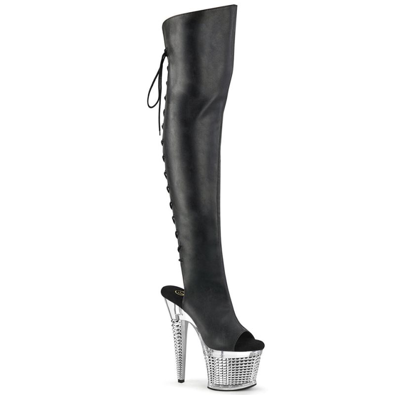 Black / Clear Pleaser Spectator-3019 Faxur Leather Women\'s Thigh High Boots | AUSTRALIA RHOTQ