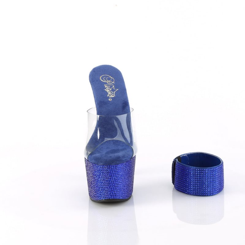 Blue / Clear Pleaser Bejeweled-712RS Women's Platform Slides | AU VYNQKHA