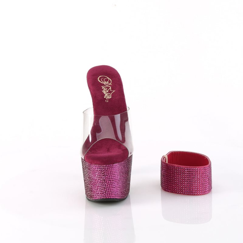 Fuchsia / Clear Pleaser Bejeweled-712RS Women's Platform Slides | AU OHJCQNU