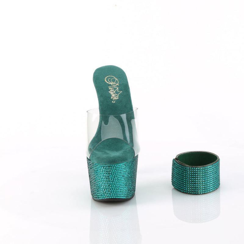 Green / Clear Pleaser Bejeweled-712RS Rhinestones Women's Platform Slides | AUSTRALIA FQOIE