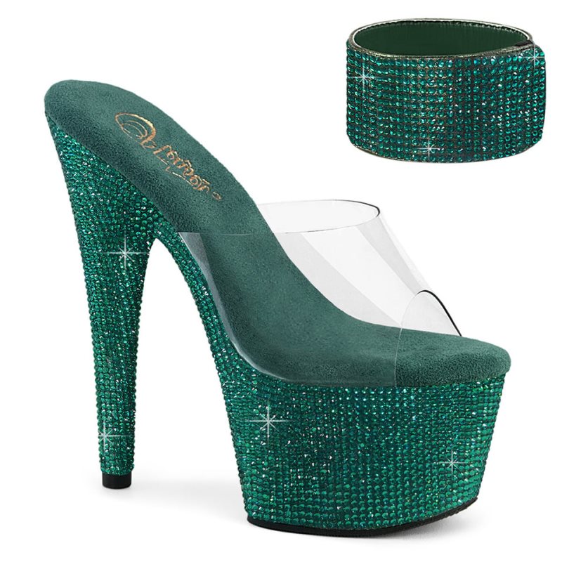 Green / Clear Pleaser Bejeweled-712RS Rhinestones Women\'s Platform Slides | AUSTRALIA FQOIE