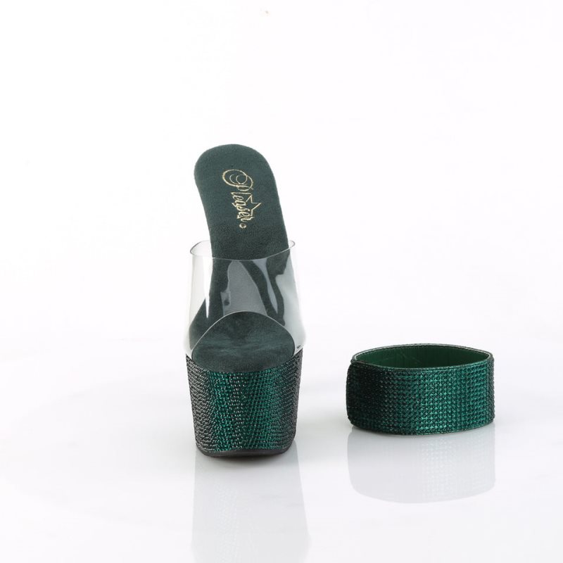 Green / Clear Pleaser Bejeweled-712RS Women's Platform Slides | AUSTRALIA AUDGQ