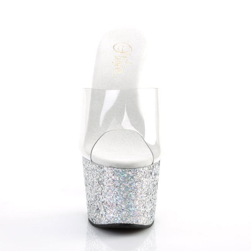 Silver / Clear Pleaser Adore-701LG Women's Platform Slides | AU JMHEGCN