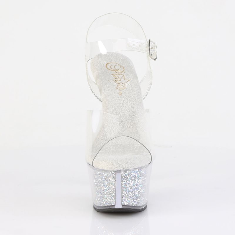 Silver / Clear Pleaser Aspire-608RSI Rhinestones Women's Platform Heels Sandals | AU CXEDNQV