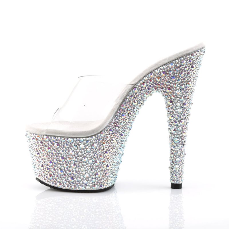 Silver / Clear Pleaser Bejeweled-701MS Women's Platform Slides | AU HAUOSWQ