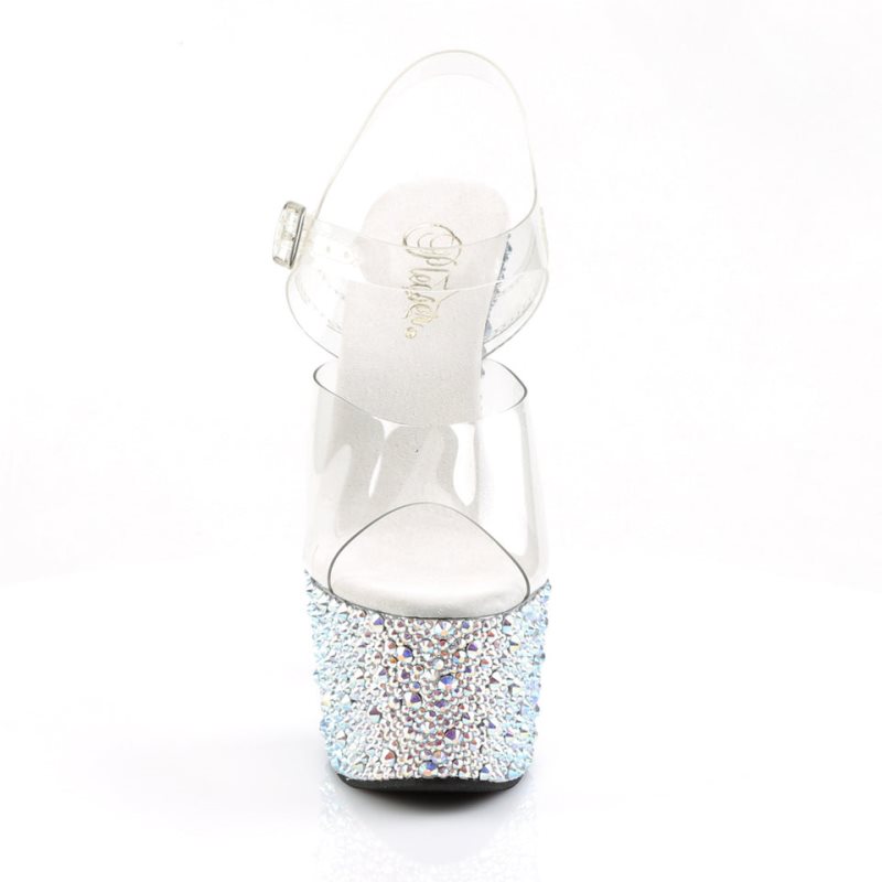 Silver / Clear Pleaser Bejeweled-708MS Women's Platform Heels Sandals | AU YONWLSG