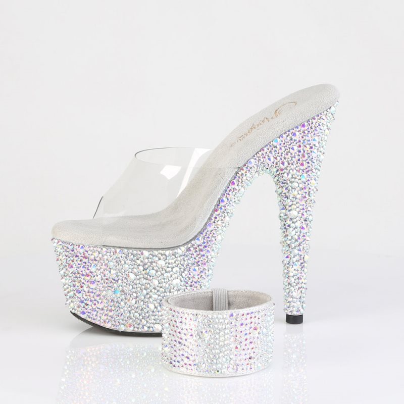 Silver / Clear Pleaser Bejeweled-712MS Rhinestones Women's Platform Slides | AUSTRALIA LPEMF