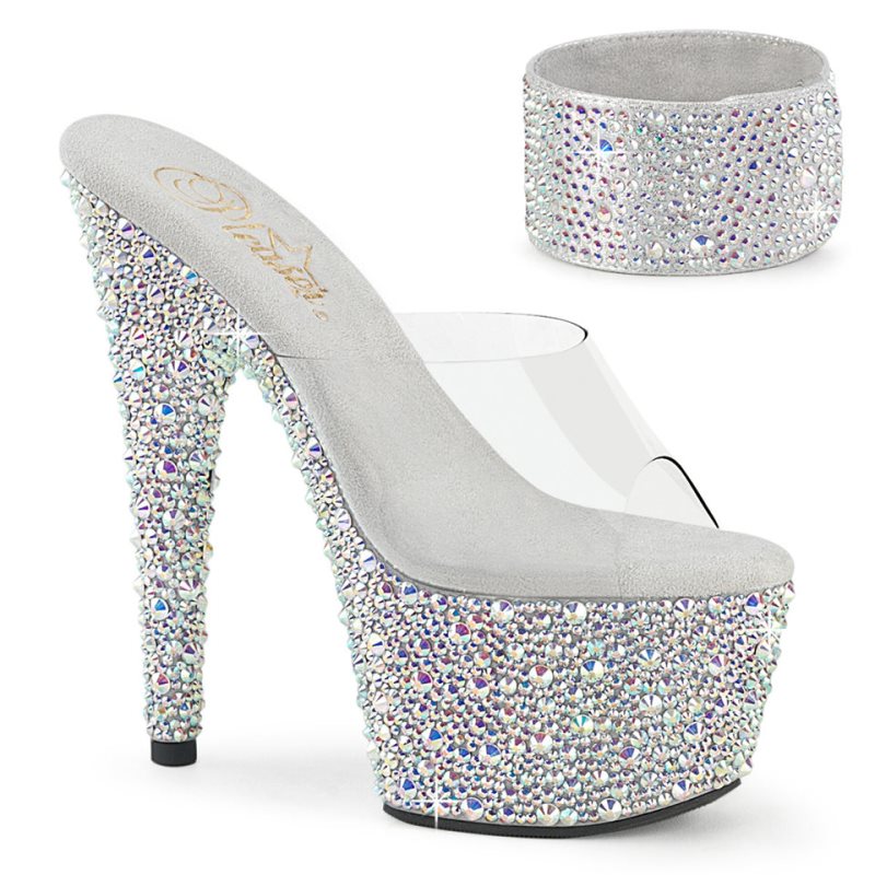 Silver / Clear Pleaser Bejeweled-712MS Rhinestones Women\'s Platform Slides | AUSTRALIA LPEMF