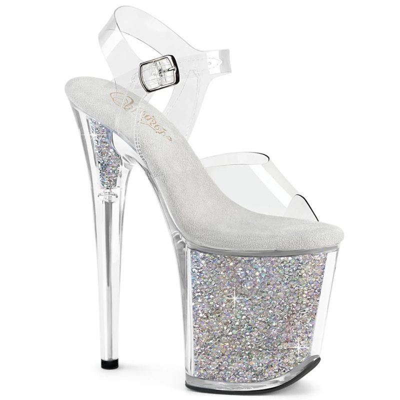 Silver / Clear Pleaser Flamingo-808RSI Rhinestones Women\'s Platform Heels Sandals | AUSTRALIA BYOJG